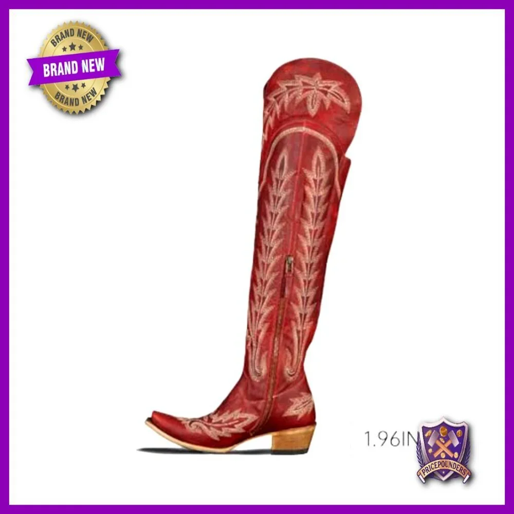 Over the Knee Cowboy Boots Chunky Heel Embroidery Western Side Zipper